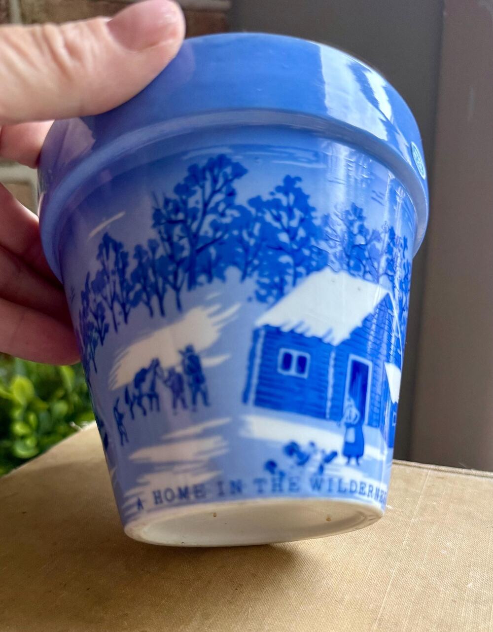 Currier & Ives Planter | Vintage 1970s A Home in the Wilderness Blue White Pot
